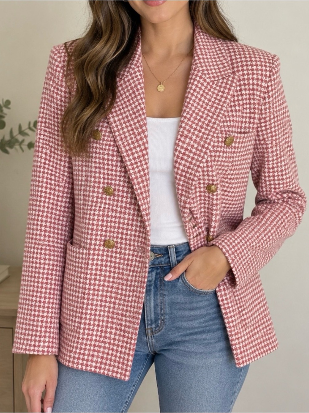 Entro Women's Pink Houndstooth Double-Breasted Blazer size small